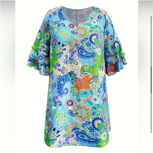 Flower Print Summer Boho Bell Sleeve‎ A-line Mini Summer Sundress, Size M, NWOT - Picture 5 of 12